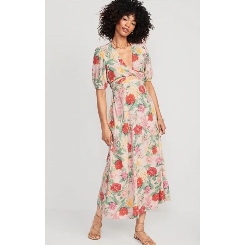 Old Navy Women Pink Floral Linen Blend Cutout Midi Dress Short Puff Sleeve M